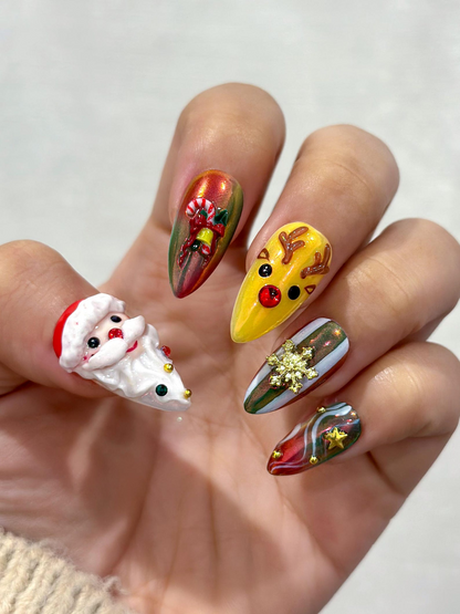 Santa & Snowman Christmas Press On Nails | Christmas Magic Nail Art | Christmas Character Nails |Festive Red-Green Glitter Press Ons|JB238EC