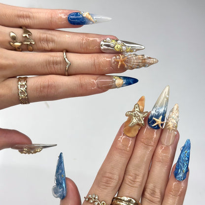 3D Starfish & Jellyfish Ocean Nails | Gold Silver Metallic Chrome | Blue Beach Wave Press On | Coquette Pearl Summer Art | OB1348D
