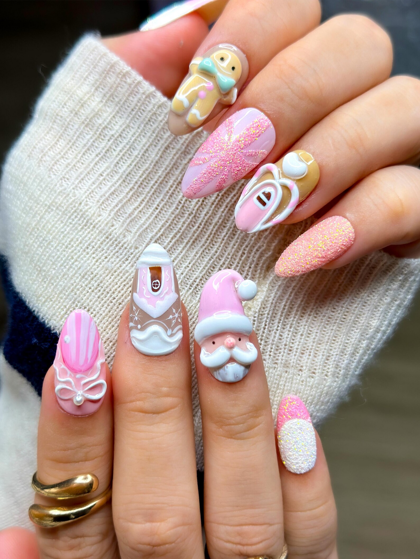 Pink Gingerbread Christmas Press On Nails | Festive Holiday Nail Art | 3D Santa & Candy Cane Nail Set | Handmade Pink Winter Nails|JB225EG