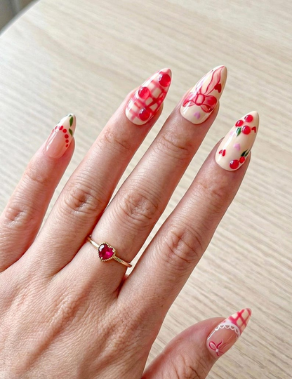 Press On Nails Adhesive Tabs – Cherry Heart & Pink Ribbon Nude Press On Nails, Handmade Valentine Fake Nails Sweet Romantic Nail Art