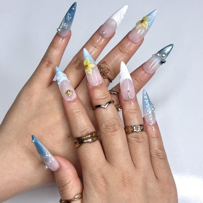 Oceanic Glam Press On Nails | Ripple & 3D Floral | Y2K Pastel Summer | Bold Beach Vacation | Long Stiletto Mermaid Nail | OB1350DG