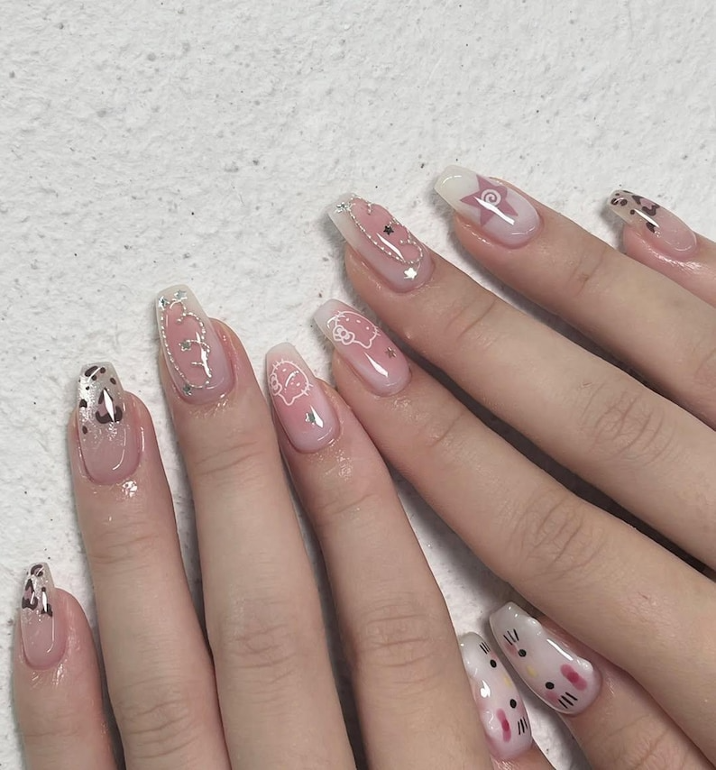 Kawaii Kitty Charm Press On Nails | 3D Hello Kitty Nail Art | Cute Pink Cartoon Nails | Star & Heart Accent Nails | JB193EK