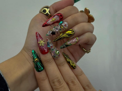 Luxe Ornament Christmas Press On Nails | 3D Holiday Nail Art | Red & Green Chrome Nails | Rhinestone Design | Festive Press Ons | JB214HC