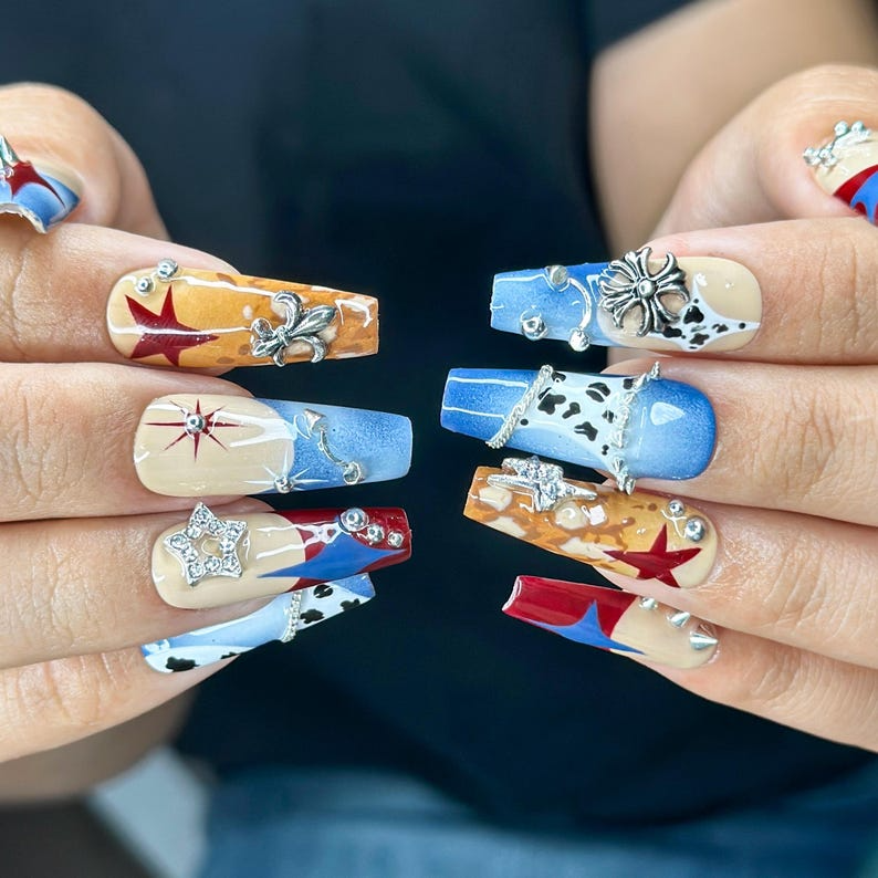 Western Cowboy Press On Nails | Red Star & Blue Denim Nail Art | Cow Print Patchwork Fake Nails | Rodeo Festival Press Ons | HC342YP