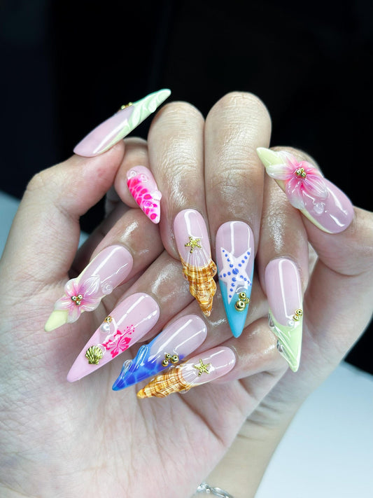 Tropical Sea Breeze Press On Nails | 3D Seashell & Starfish Nails | Colorful Ocean Nail Set | Summer Vacation Nails | OB885NC