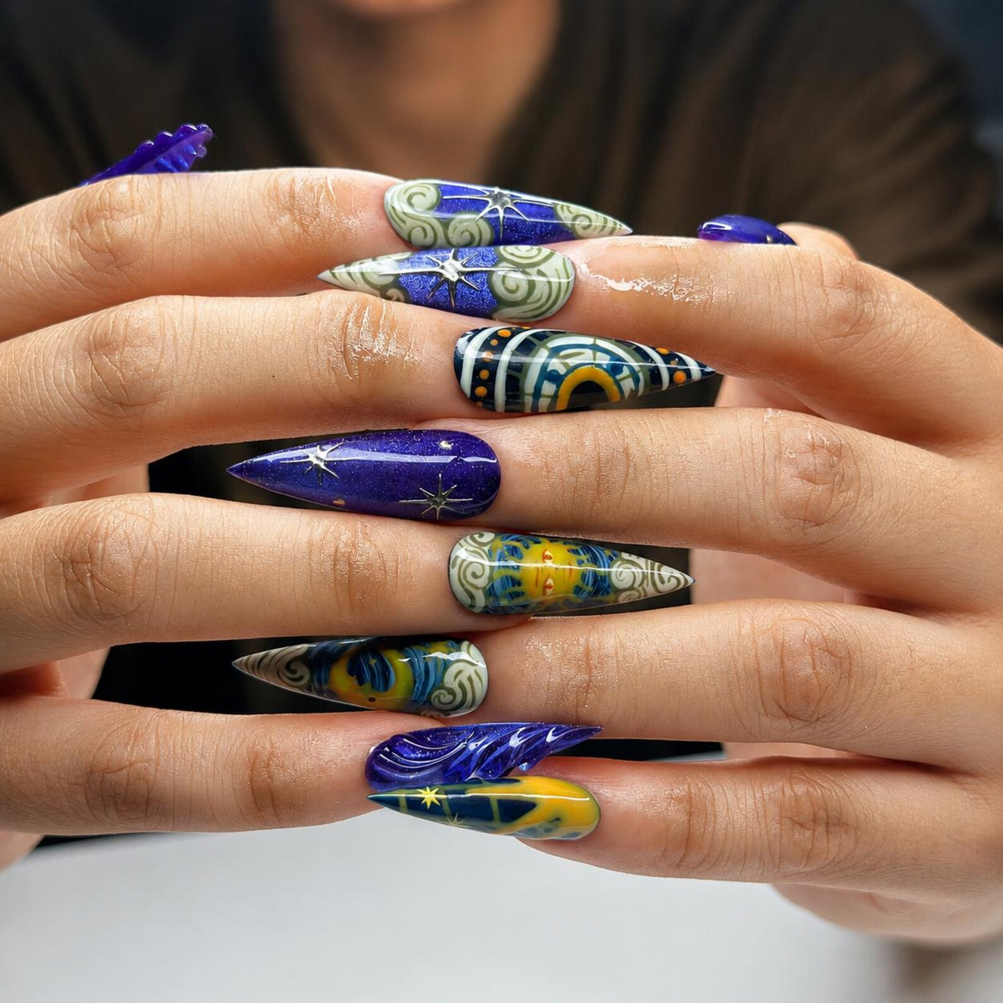Celestial Art Press On Nails | Starry Night Sky Nail Set | Hand Painted Fantasy Nails | Sapphire Blue Statement Manicure | OC451JC