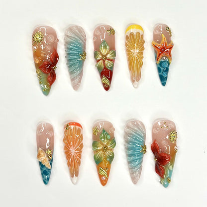 3D Fruit & Tropical Flower Nails | Yellow Lemon Orange Citrus Press On | Pastel Blue Shell Starfish Art | Summer Beach Vacation | OB1349D