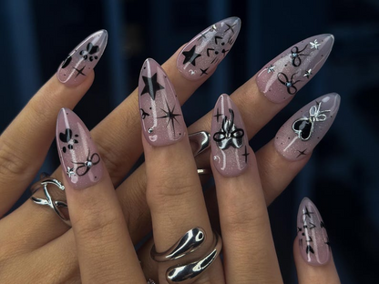 Bengals Cat Press On Nails | Holiday Chrome Pink Nails | Cute Bow & Stars Nail Art | Christmas Gift for Her | Mystic Winter Cat Press On Nails  JB1182BC