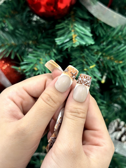 Gingerbread Cookie Christmas Press On Nails | Holiday Cookie Art Nails | Cute Christmas Gingerbread Set | Brown White Festive Tips | DC933EC