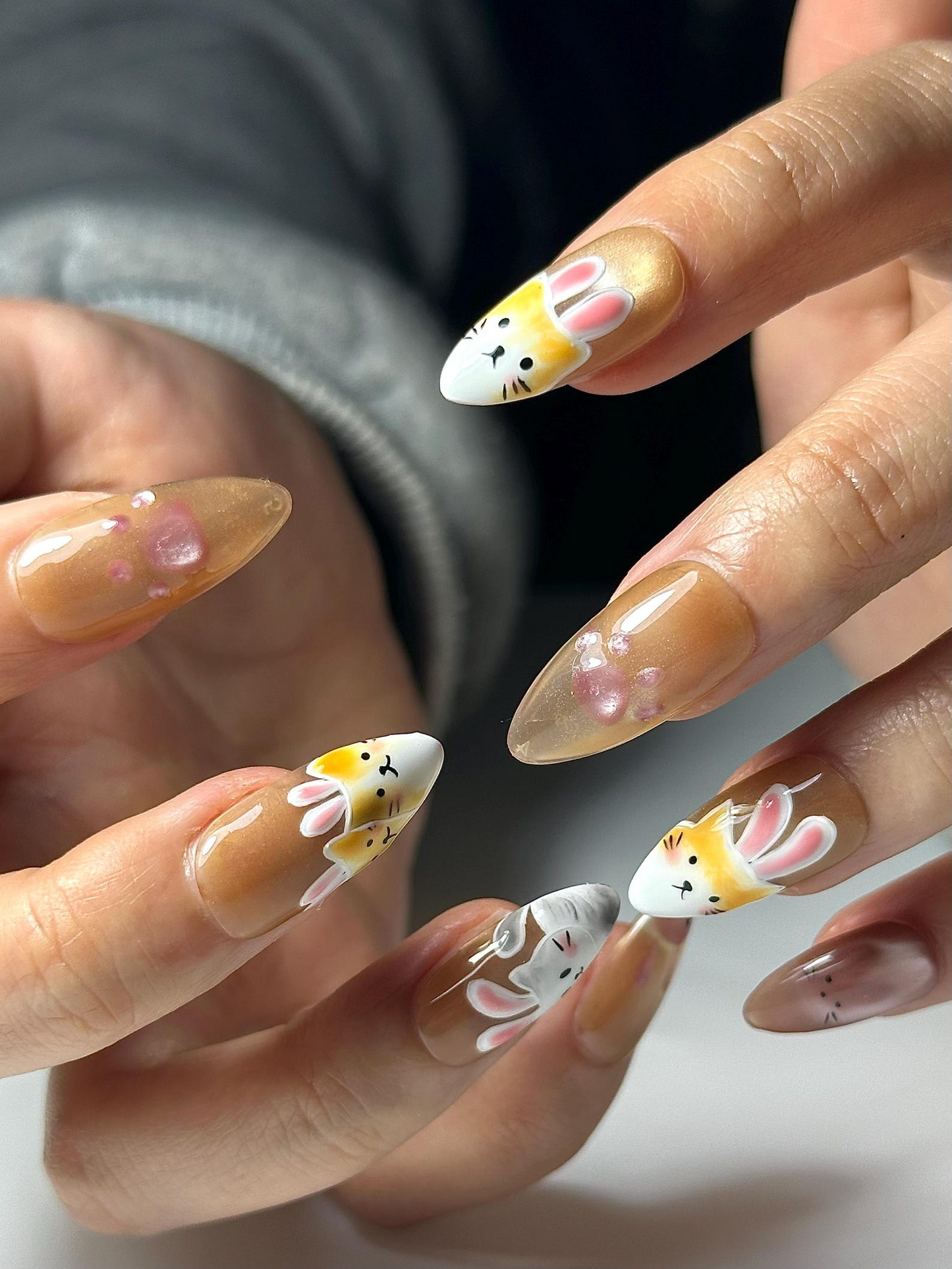 Bunny Cat Gold Press On Nails | Cute Rabbit Kitty Nail Art | Kawaii Animal Nails | Gold Almond Nails | Handmade Press Ons | HC1301HC