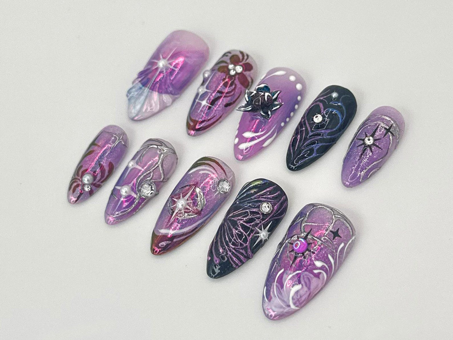 Purple Galaxy Fake Nails |Cosmic Purple Glitter Nail Art |Shiny Metallic Purple, Black Almond Nails |Rhinestone Purple False Nails | HB713YC
