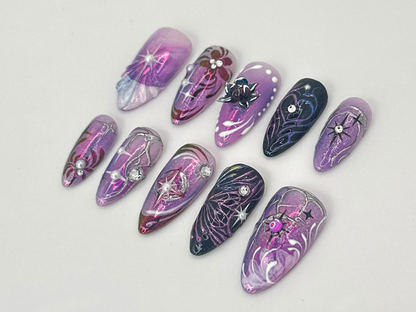 Purple Galaxy Fake Nails |Cosmic Purple Glitter Nail Art |Shiny Metallic Purple, Black Almond Nails |Rhinestone Purple False Nails | HB713YC