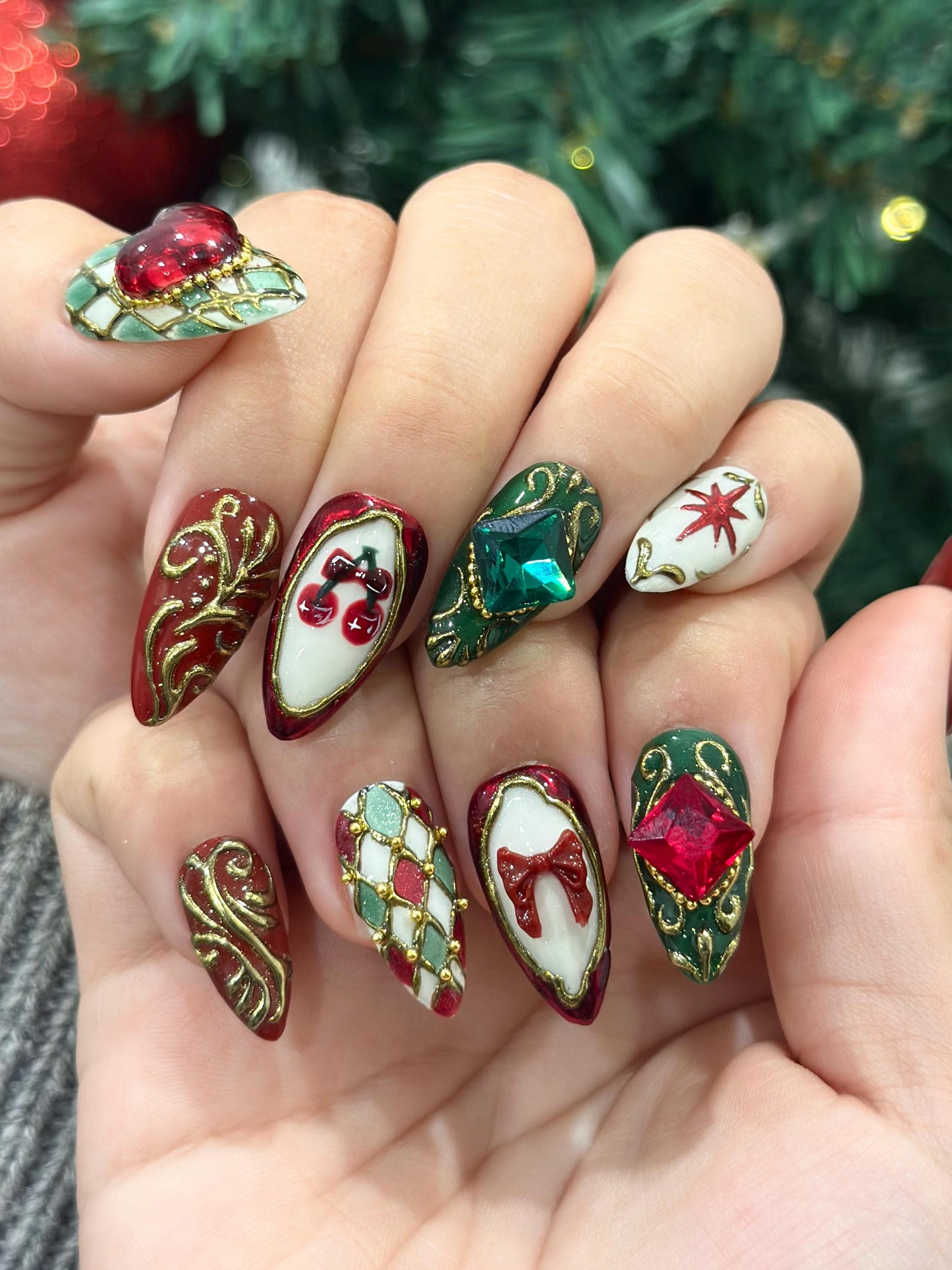 Gemstone Christmas Press On Nails | Red & Green Nails | Baroque Holiday Nail Art | Lux Christmas Press Ons | Elegant Festive Set| JB253HK