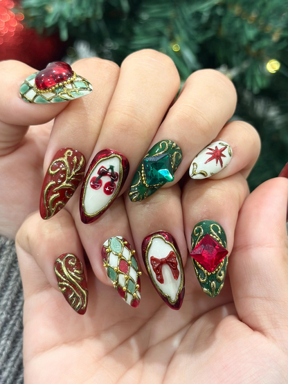 Gemstone Christmas Press On Nails | Red & Green Nails | Baroque Holiday Nail Art | Lux Christmas Press Ons | Elegant Festive Set| JB253HK