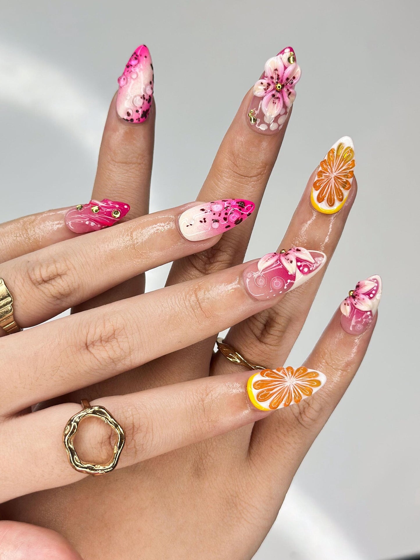 Summer Citrus & Dragon Fruit Nails | Pink Lily n Orange Slice Press Ons | Luxury Tropical Lemon Fruit Stiletto Art | OB376IC