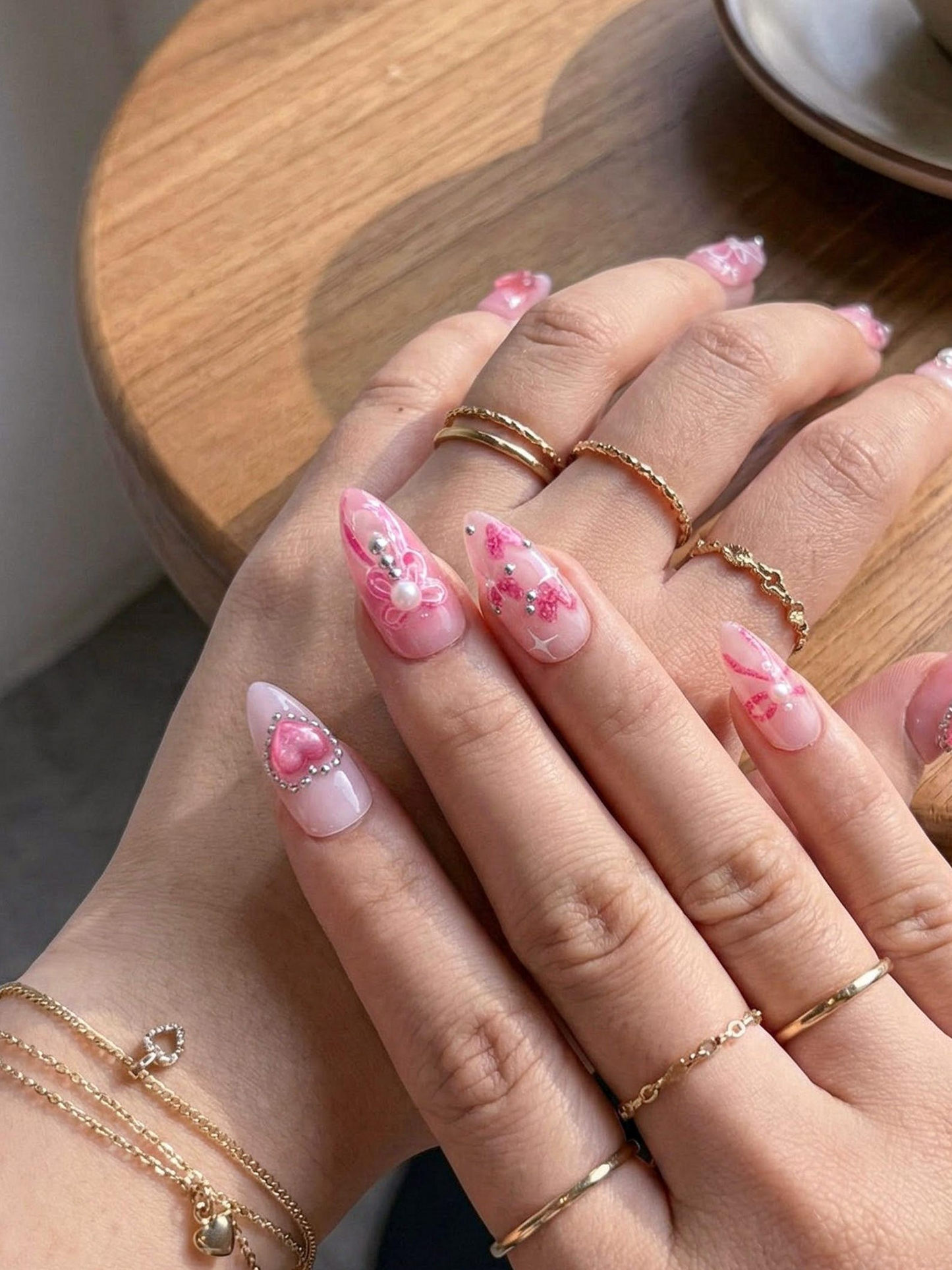 Press On Nails with Pink Ribbon & Heart Charm Design, Handmade Long Glossy Fake Nails for Romantic Coquette Look or Aesthetic Statement Nails