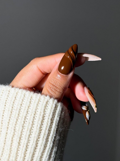 Mocha Bloom Autumn Press On Nails | Brown Nude Gradient Nail Set | 3D Flower & Gold Bead Accents | Luxury Tortoiseshell Nail | HB1102EK