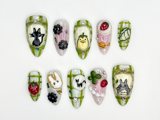 Ghibli Totoro Kawaii Press On Nails | Studio Ghibli Inspired Nail Art | Jiji Cat & Soot Sprite Nails | Anime Dessert Cute Nails | JB838HC