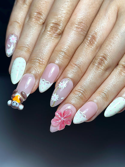 Soft Pink Mokey Press On Nails | Cute Bow & Daisy Nail Art | Kawaii Nails | Elegant Spring Nail Design| Handmade Romantic Press Ons| JC329HC
