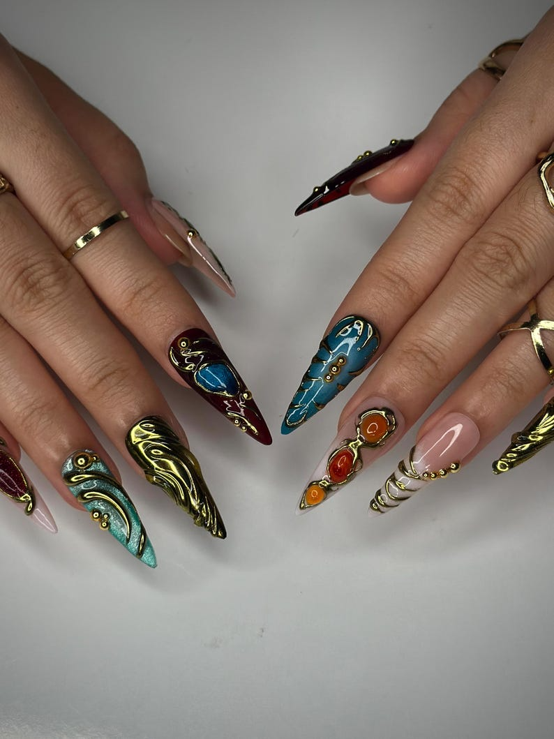 Colorful 3D Texture Press On Nails | 3D Gemstone Royalty Nail Art | Handmade Luxury Statement Nails | Elegant Fantasy Nail Set | JB148HK