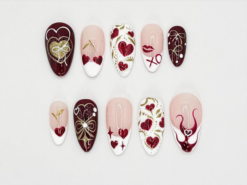 Classic Valentine's Press On Nails | Valentine's Day Ready | XO and Heart-Themed Nail |Pink and Red Heart Design for Romantic Look | JC629LC