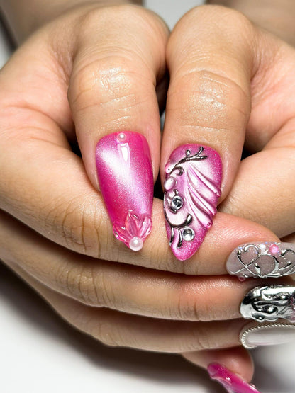 Barbie Luxe Press On Nails | Pink Chrome & Silver Nails | 3D Flower Rhinestone Nails | Elegant Almond Nails | Glam Nail Set | JC378NC (Copy)