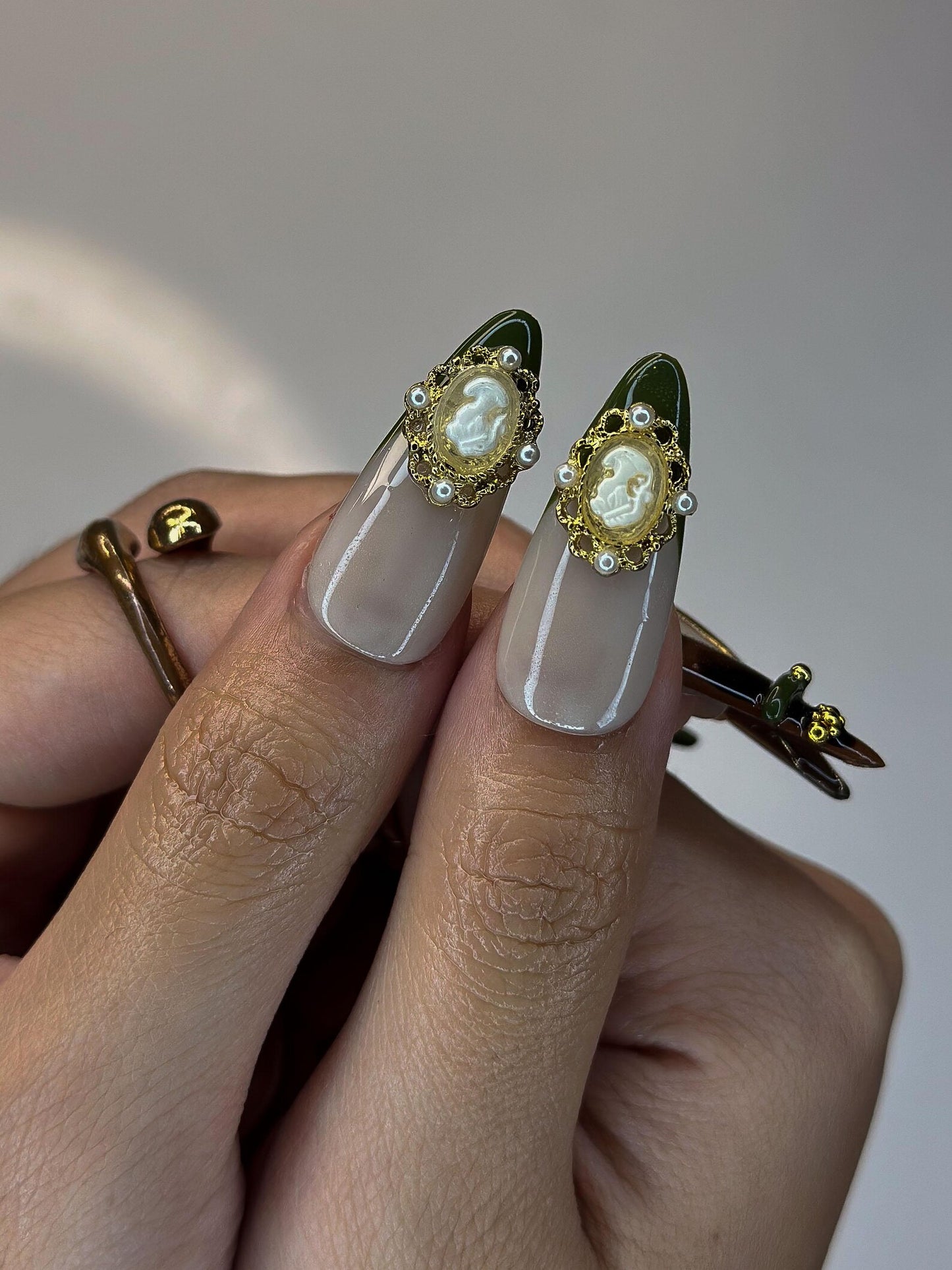 Olive Green & Tortoise Shell Nails | 3D Gold Hardware Press Ons | Luxury Dark Academia Stiletto Art | Handmade Designer | OB1341IK