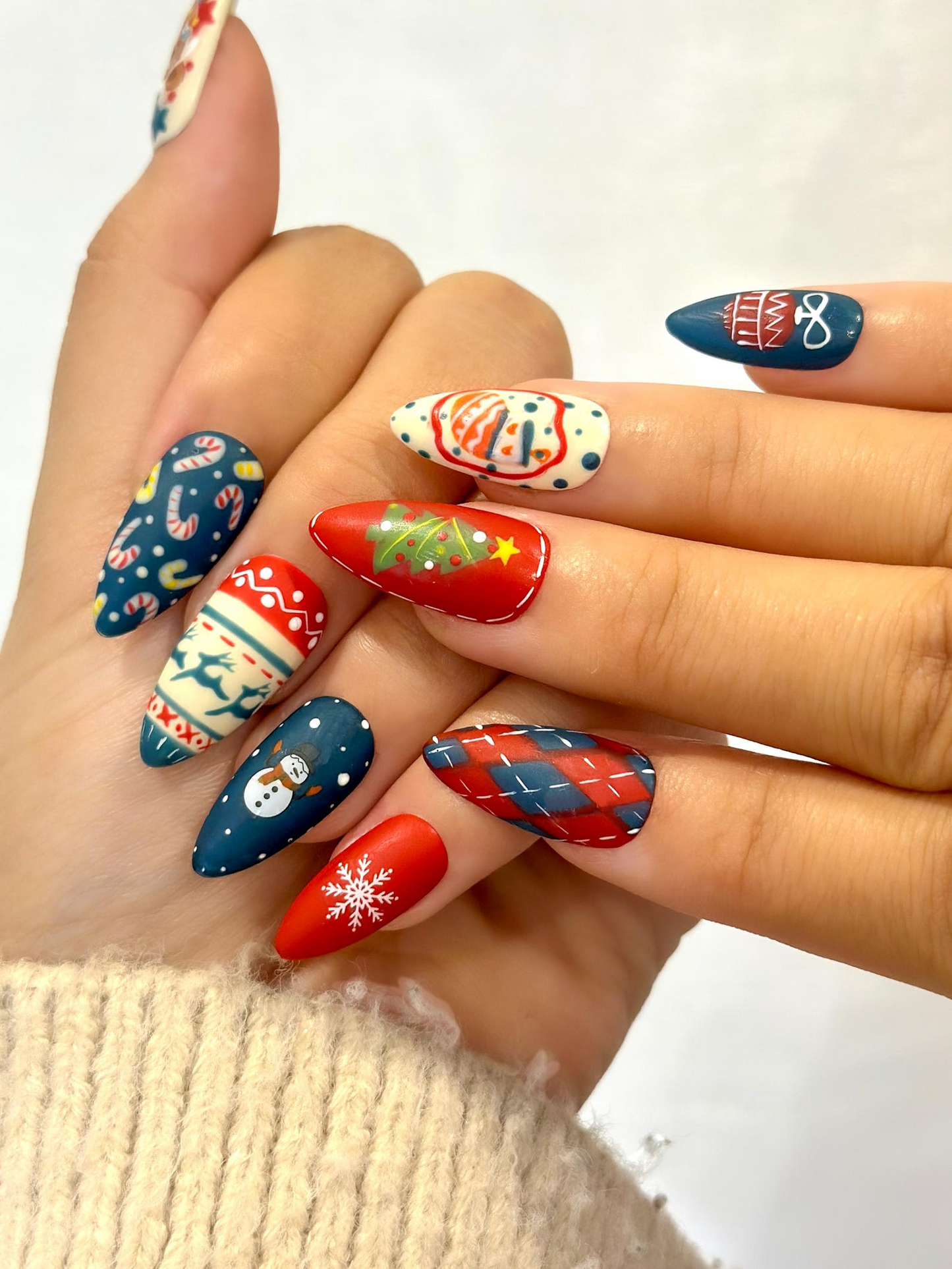 Cozy Teddy Christmas Press On Nails | Festive Winter Nail Art | Cute Bear & Snowman Art | Red Navy Candy Cane Nails | JB234EC