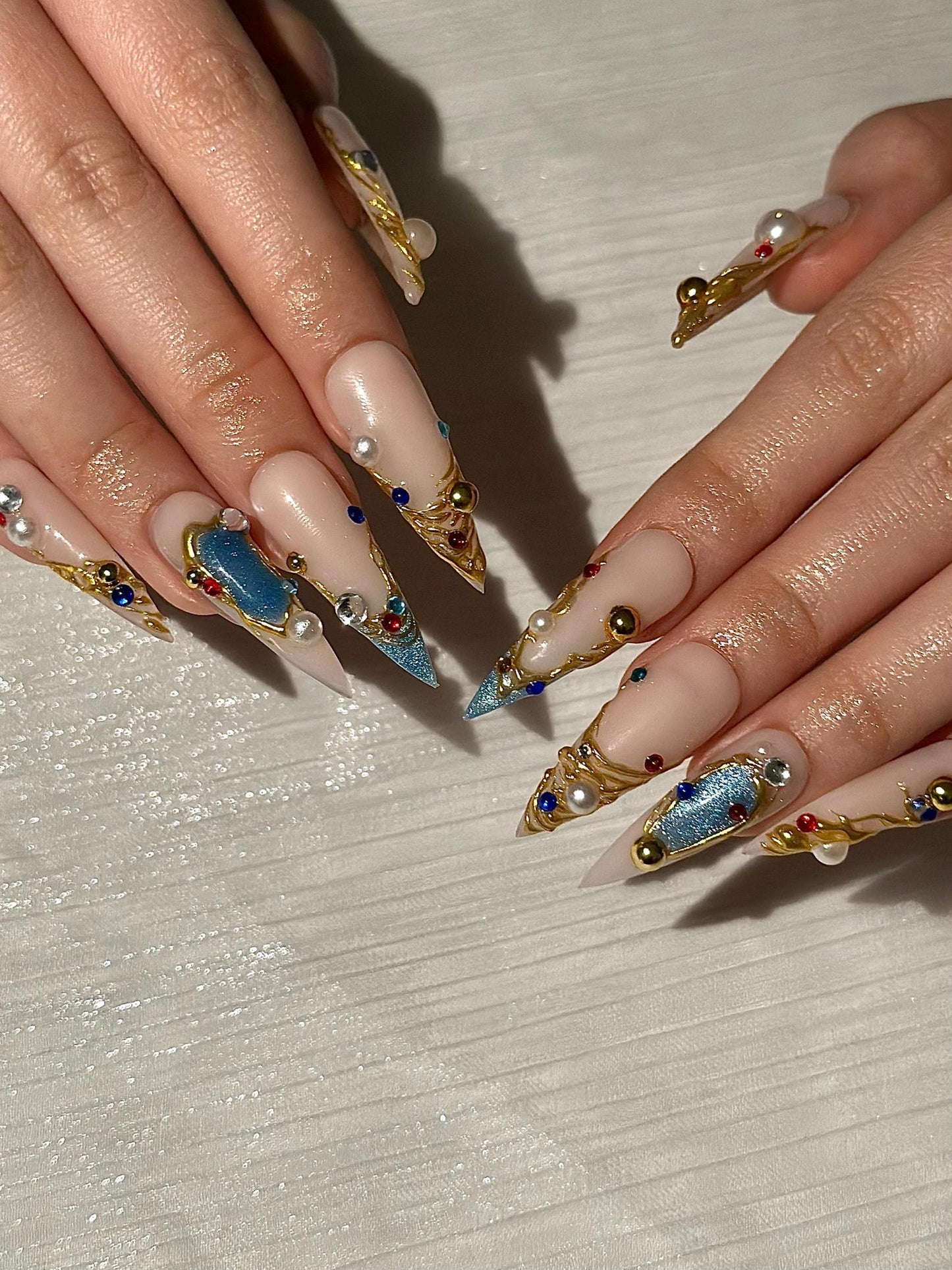 3D Floral Press On Nails | Green Leaf Pink Chrome Nails | Handmade Flower Nail Art | Elegant Spring Nails | Luxury Almond Nails | HC1308NC