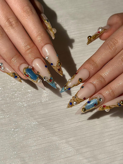 3D Floral Press On Nails | Green Leaf Pink Chrome Nails | Handmade Flower Nail Art | Elegant Spring Nails | Luxury Almond Nails | HC1308NC