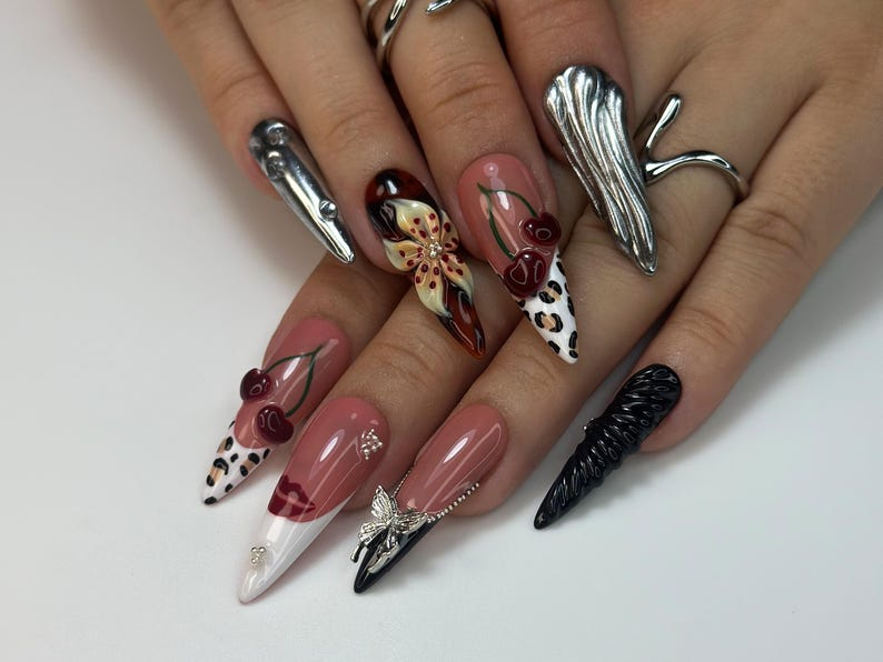 Autumn Cherry Bloom Press On Nails | Coral Red Fall Nail Art | 3D Floral & Leopard Print Nails | Handmade Gothic Accent Set | A1130C