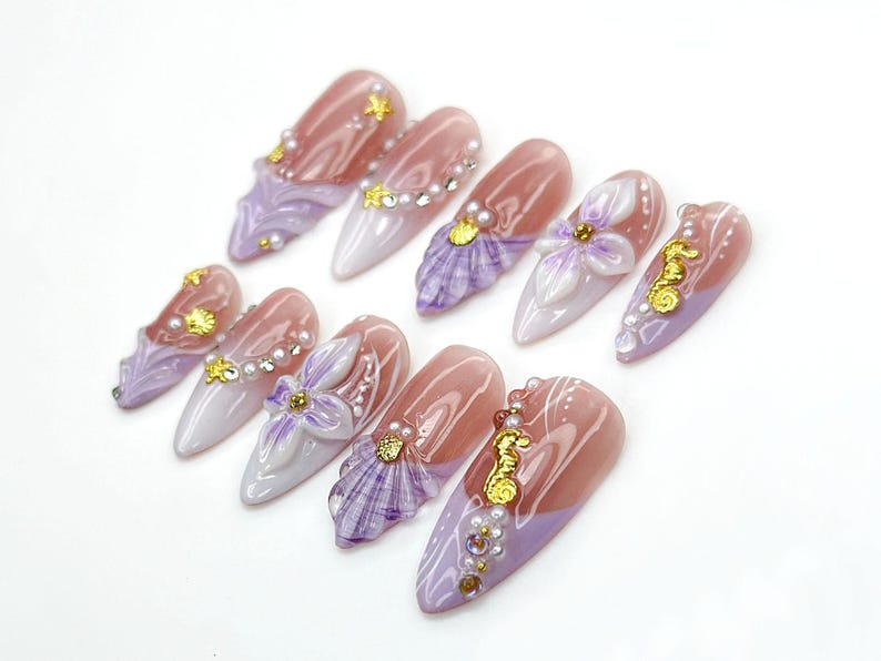 Lavender Ocean Bloom Press On Nails | 3D Seashell & Seahorse Nail Art | Purple Floral Mermaidcore Tips | Long Glossy Set | JC954EK