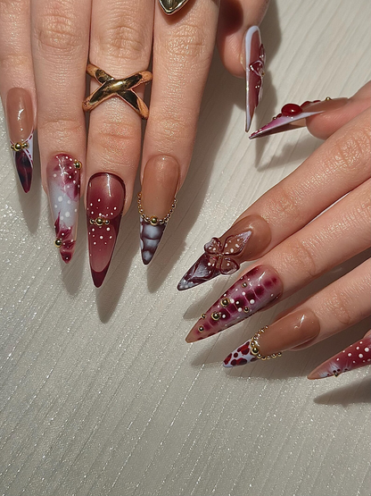 Burgundy Baroque Press On Nails | Luxury Cherry Red Nails | Gold Accent Nails | Elegant Marble Nails | Handmade Glam Press Ons | JC316HC