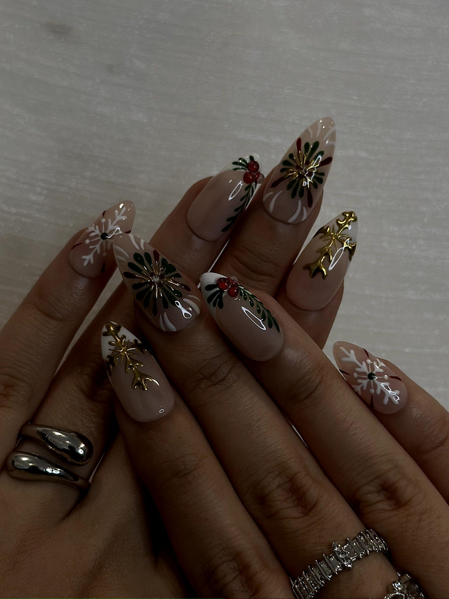 Holly Berry Christmas Press On Nails | Nude Winter Holiday Nails | Elegant Green & Red Press Ons | Festive Minimalist Nail Art | JC243HC