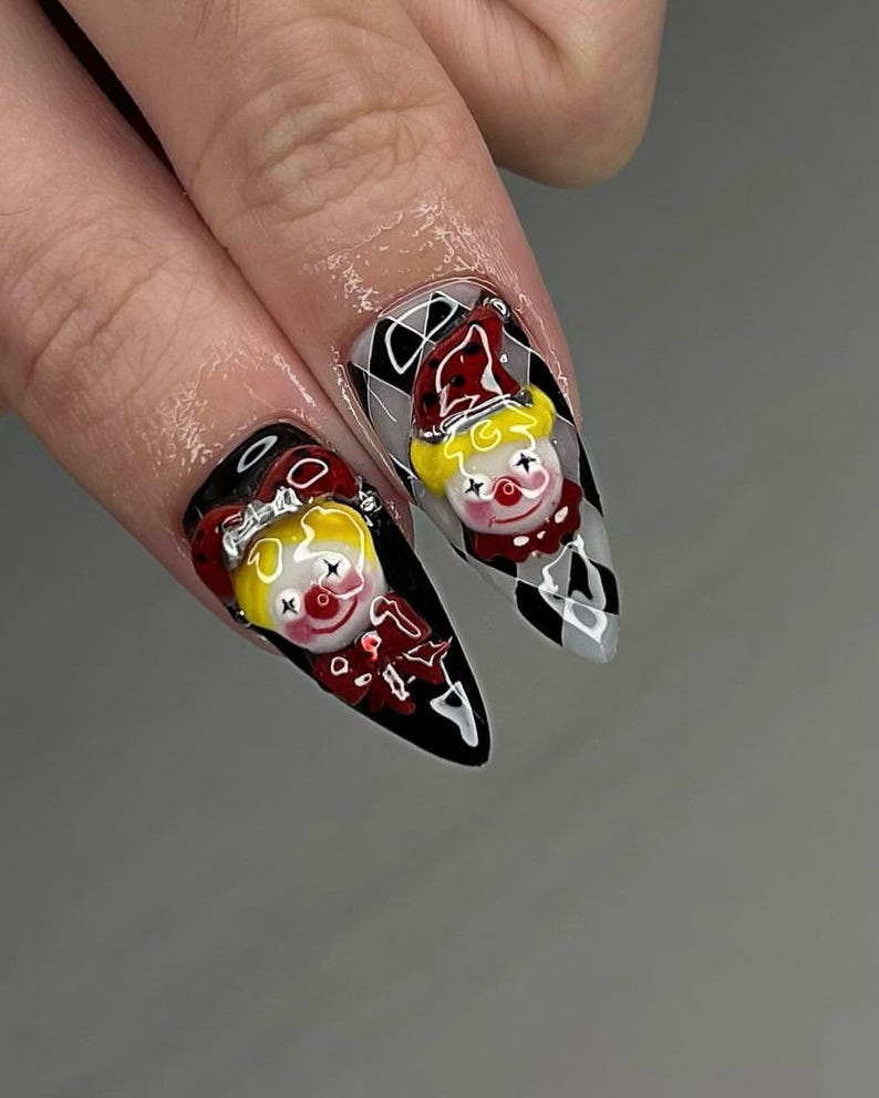 3D Harlequin Clown Press On Nails | Red Black Chrome Swirl Design Fake Nails | Gothic Alt Nail Art | Creepy Cute Clown Nails | HB935YK