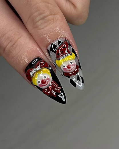 3D Harlequin Clown Press On Nails | Red Black Chrome Swirl Design Fake Nails | Gothic Alt Nail Art | Creepy Cute Clown Nails | HB935YK