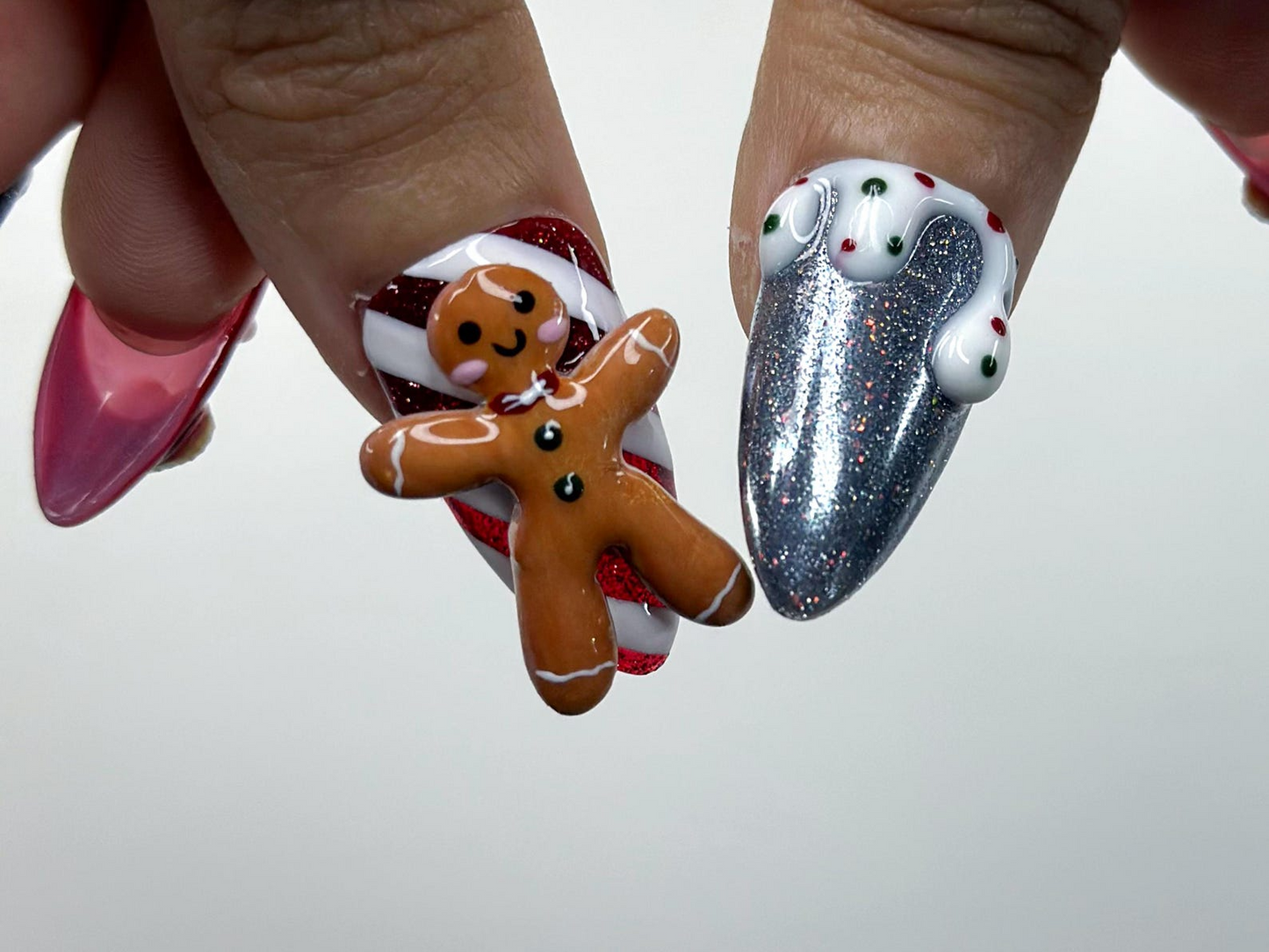 Gingerbread Red Christmas Press On Nails | 3D Christmas Cookie Nail | Peppermint & Snowman Holiday Nails| Red Glitter Festive Nails |JB216HC
