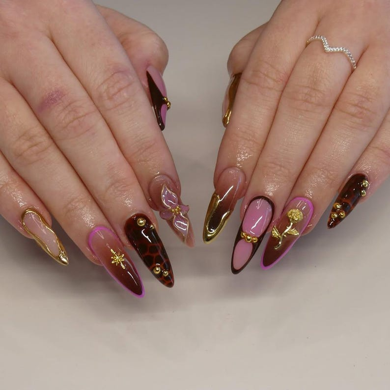 Golden Rose Luxe Press On Nails | Pink & Brown Glam Nail Art | 3D Bow And Rose Accents | Handmade Luxury Stiletto Nails | JB185EK