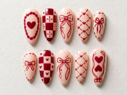 Sweetheart Bow Valentine Press On Nails | Heart Ribbon Romantic Nail Art | Red Gingham Love Nails | Cute Romantic Nail Set | JB274EC