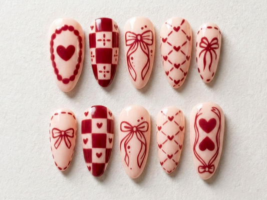 Sweetheart Bow Valentine Press On Nails | Heart Ribbon Romantic Nail Art | Red Gingham Love Nails | Cute Romantic Nail Set | JB274EC