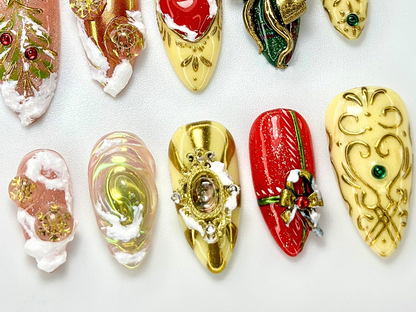 Golden Enchant Press On Nails For Christmas | Luxury 3D Gold Ornament Nail Art | Red & Green Holiday Design | Baroque Winter Nails |HB1008YC