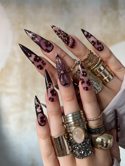Fall Rose Luxe Press On Nails | Pink & Brown Autumn Glam Nails | 3D Bow and Rose Accents | Elegant Metallic Nail Design | HB1099EK