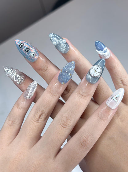 Kpop Inspired Celestial Voyage Nails | 7 Spirits Arirang Press Ons | Blue Aurora Silver Liquid Metal Nails |3D Fandom Concert Nails| OB365IK