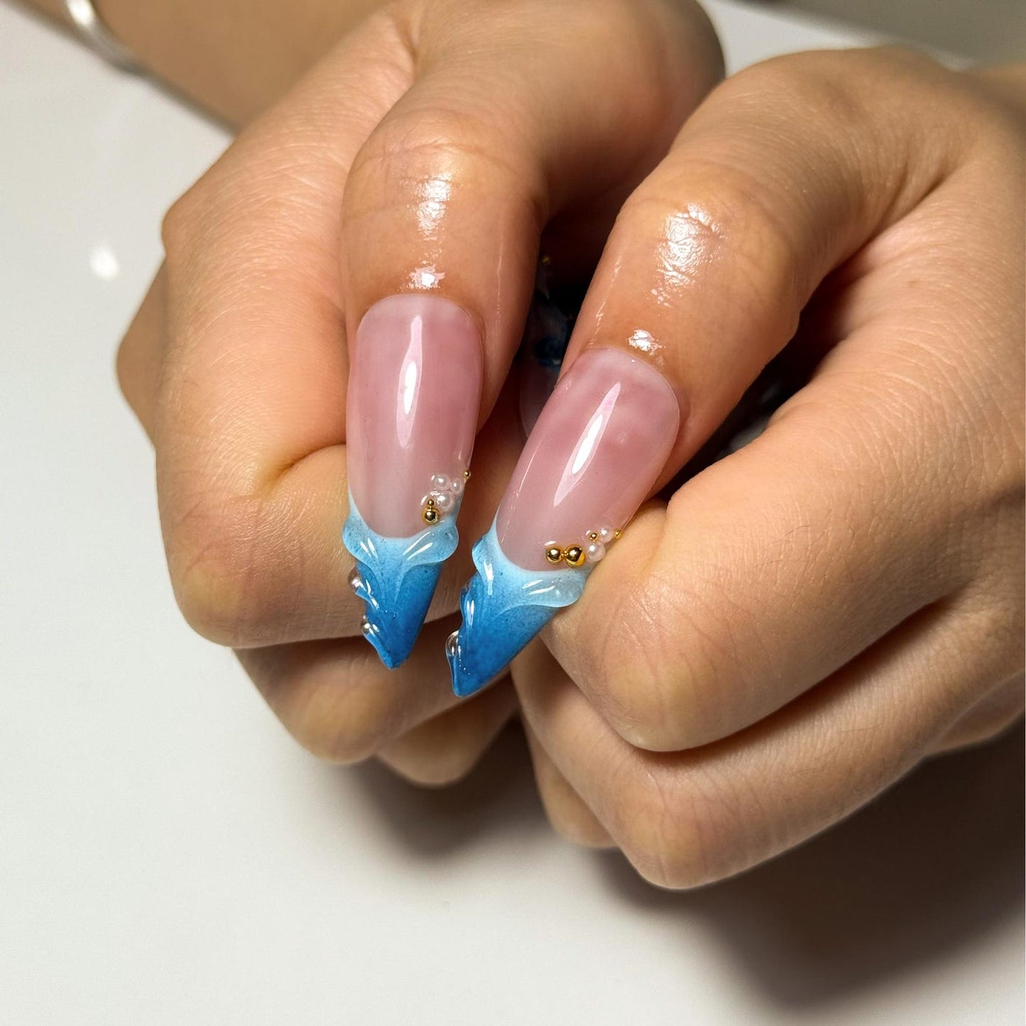 Ocean Marble Almond Press On Nails with 3D Flowers, Gold Detail | Coastal Vacation Nails | OC1309NK
