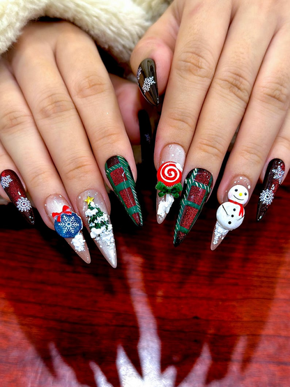 Winter Wonderland  Press On Nails For Christmas | Festive Holiday Nail Art | Red Glitter Snowflake Nails | Green Plaid Gift Wrap Design | JB232EC