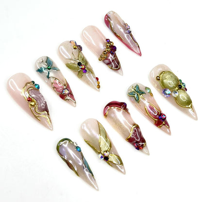 Fairy Butterfly Press On Nails | Sparkly Gold Swirl Crystal Art | Luxury Glazed Pearl Nails | Beautiful Wedding Bridal | OB1359DG