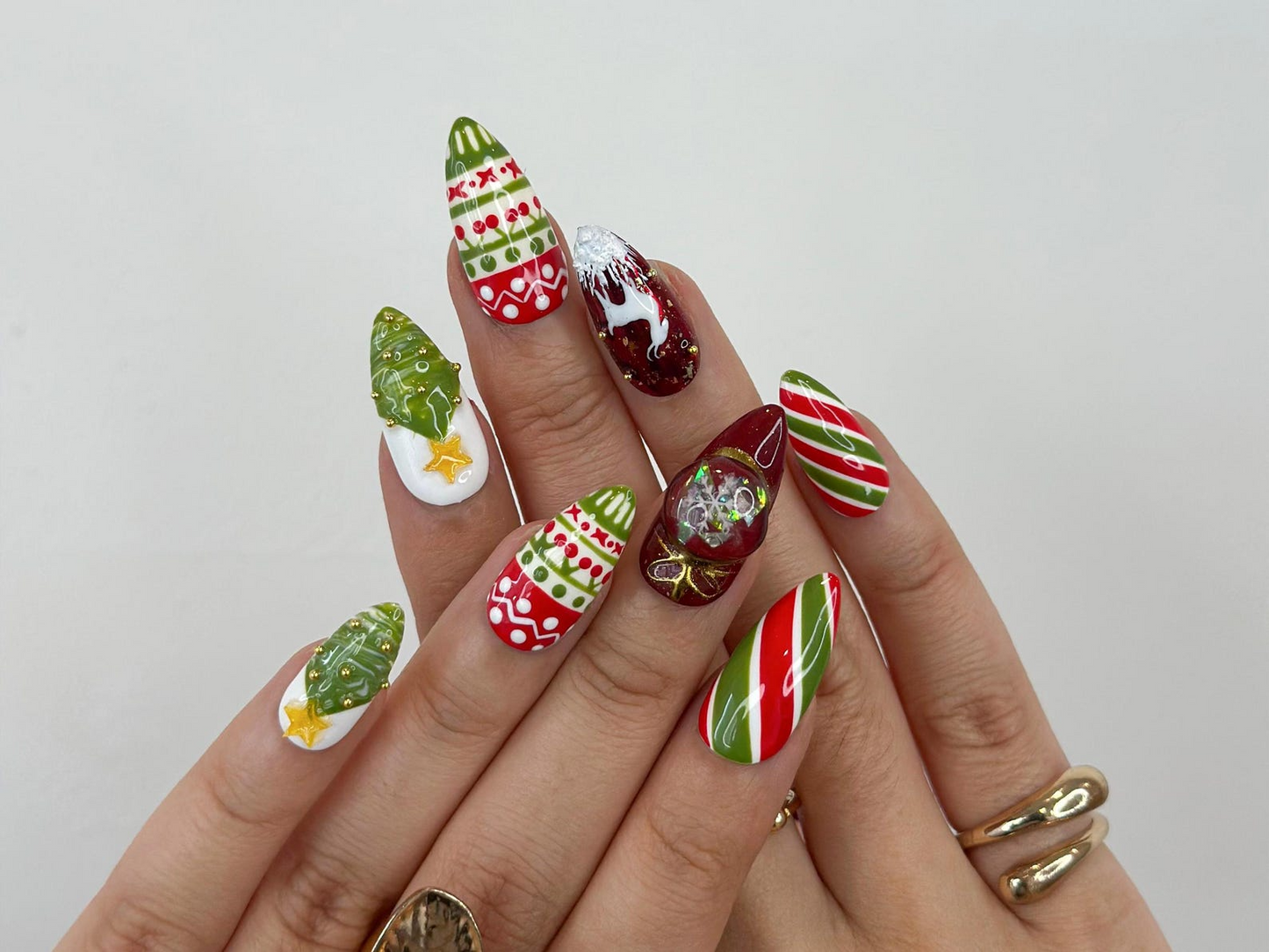 Christmas Reindeer Red Press On Nails | Red Green Christmas Nail Art | Snow & Tree Design| Holiday Glitter Nails| Winter Press Ons| HB1200HC