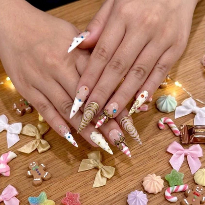 Gold Swirl Cute Press On Nail | Playful Luxury Nail Art | Creative Candy Swirl Nails | Handmade Artistic Candy Nails Set| JB268EC