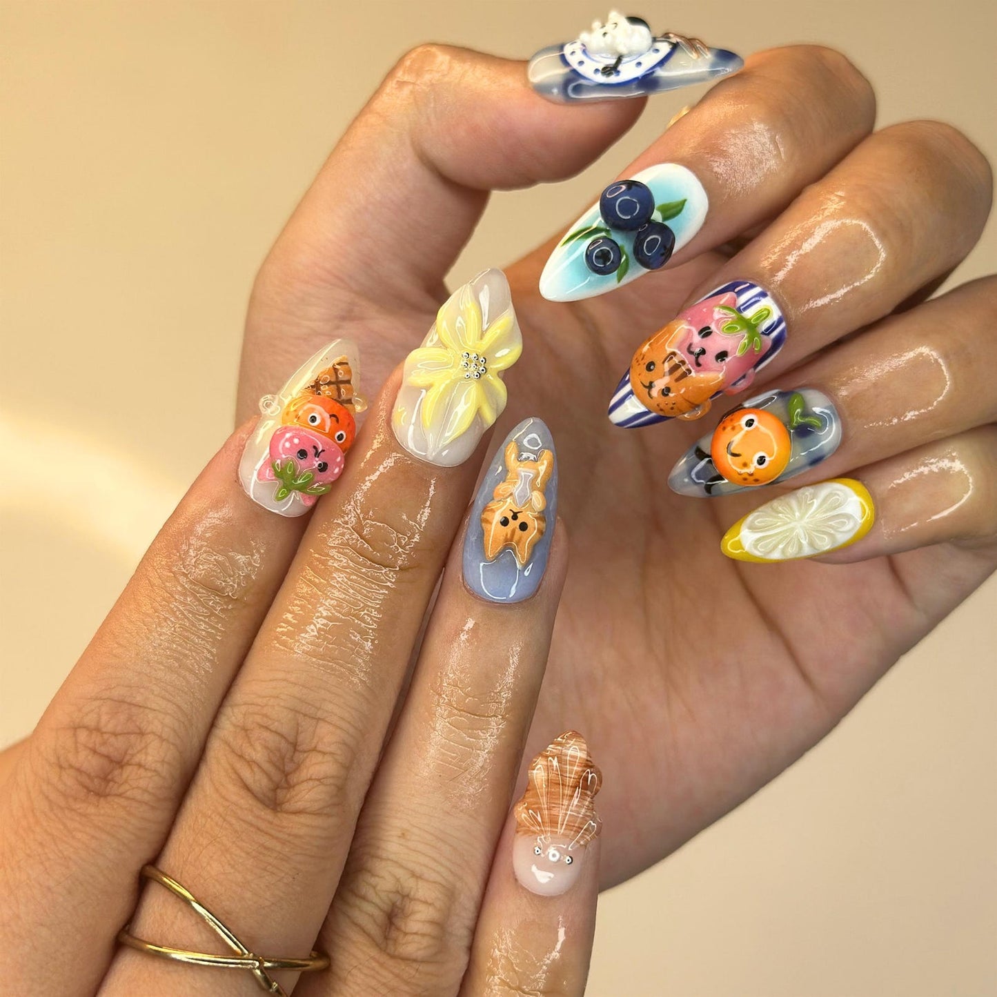 3D Kawaii Almond Nails | Handpainted Onigiri, Animal, Fruit Designs | OB404LK