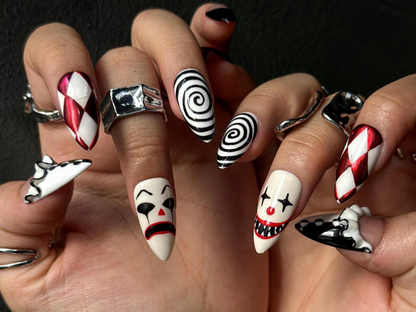 Creepy Clown Carnival Press On Nails | Horror-Inspired Clown Nail Art | Spooky Halloween Nail Set | Handmade Clown Face Nails | JB178HC